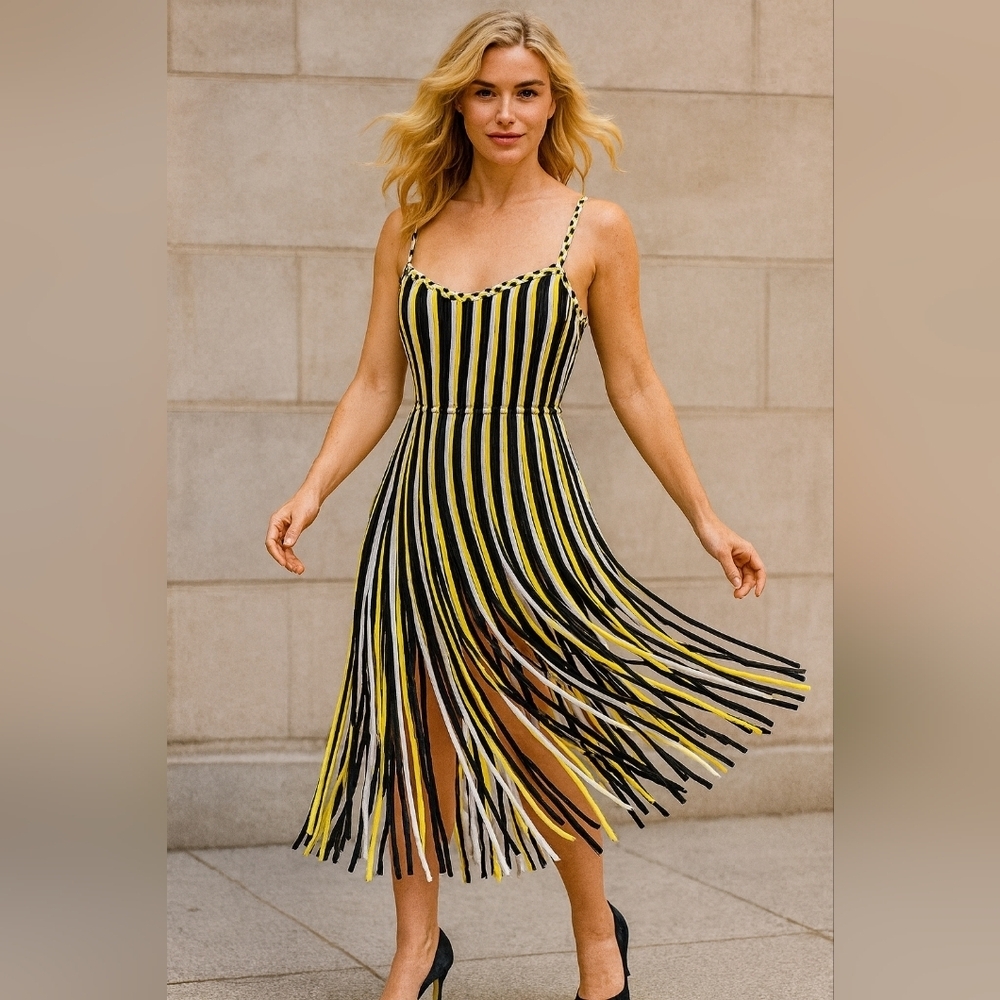 Elegant Yellow and Black Striped Midi Dress. Handmade. Macrame. T-shirt yarn.